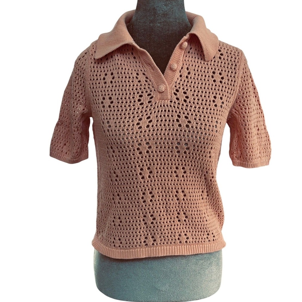 Truth by Republic Crochet Pointelle Peach Short Sleeve Cotton Polo Sweater M